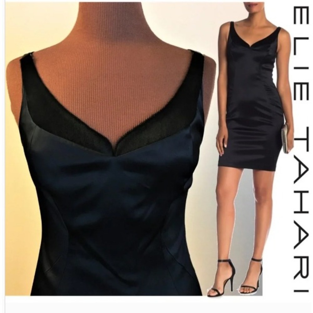 Elie Tahari Rena LBD Little Black Dress Calf Hair Mini Satin Lined Sweetheart 12